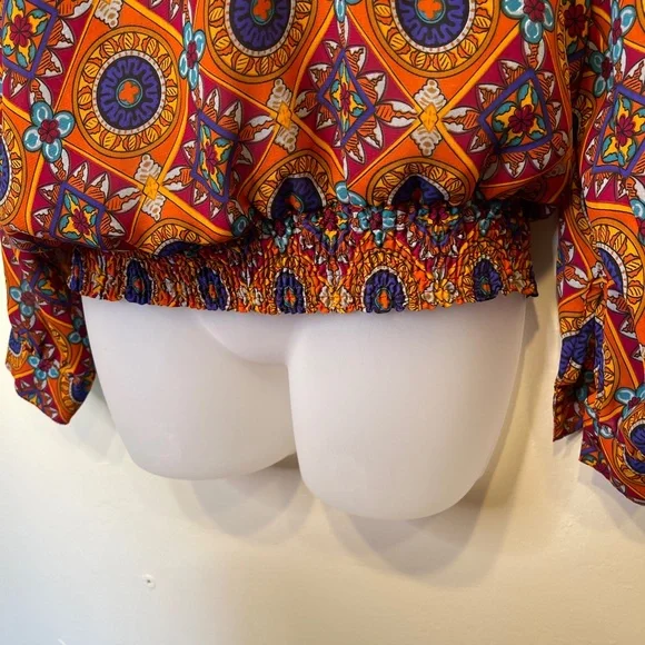 Sharpely | VTG Geo Print Cinched Waist Long Sleeve Round Neck Lightweight Blouse - Picture 6 of 11